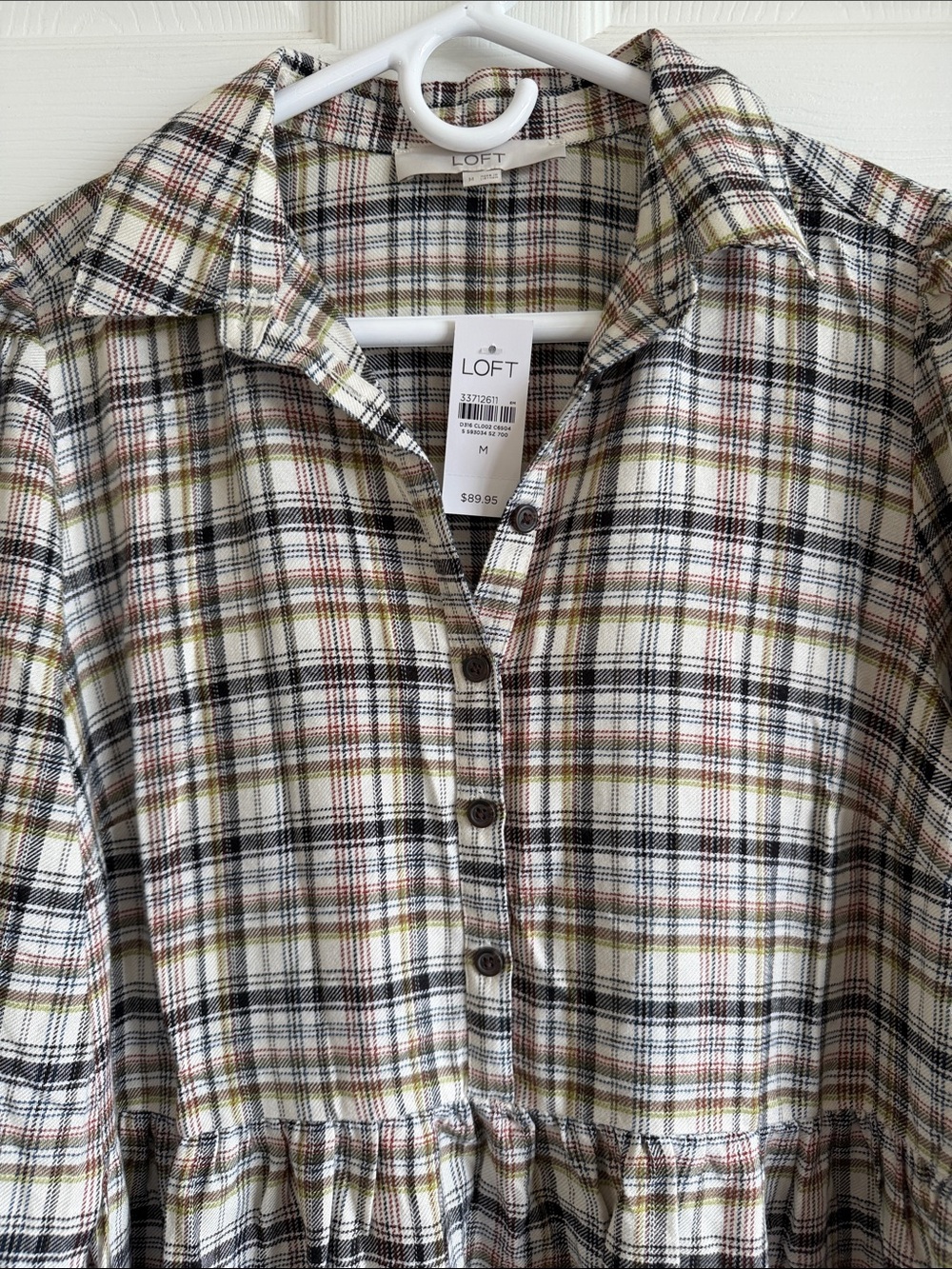 NWT LOFT Plaid Button-Front Midi Dress in Cream, Brown, Olive - Picture 4 of 11